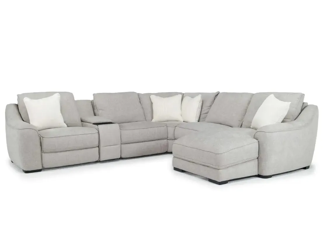 Mor Furniture Mayflower 6 Piece 2 Power Chaise Sectional W/ 2 Power Armless Recliner & Audio Console In Ashland Sand, Left Facing