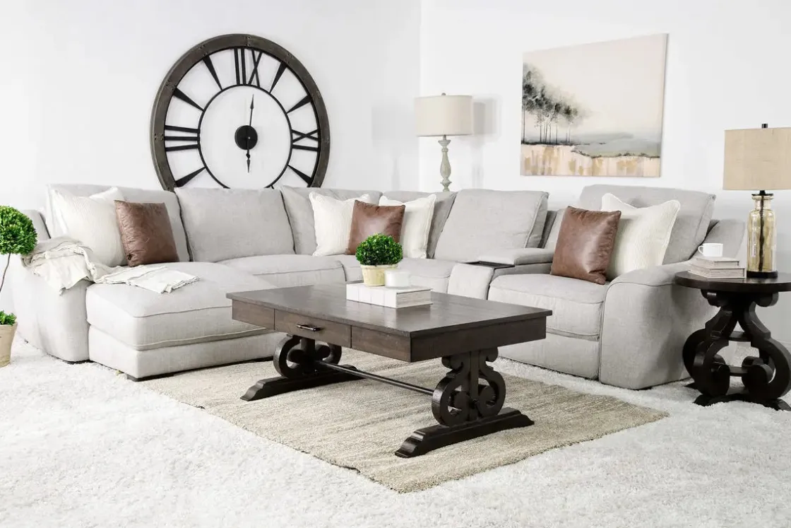 Mor Furniture Mayflower 6 Piece 2 Power Chaise Sectional W/ 2 Power Armless Recliner & Audio Console In Ashland Sand, Left Facing