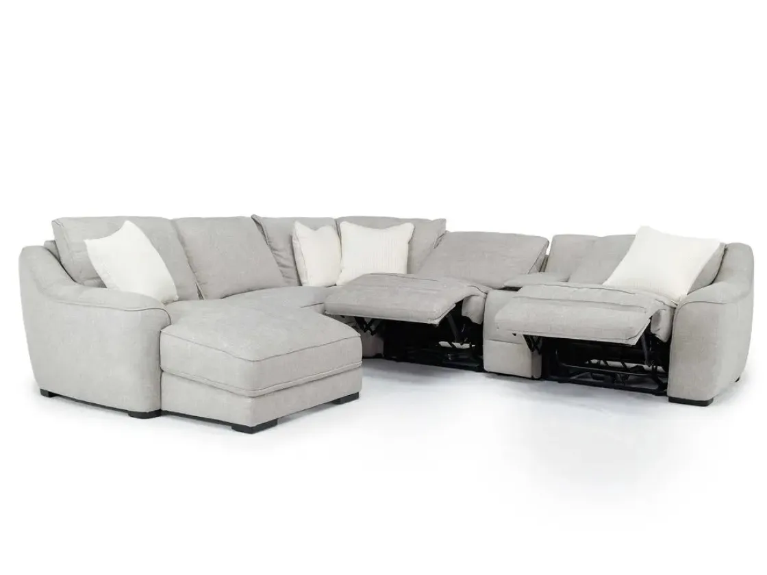 Mor Furniture Mayflower 6 Piece 2 Power Chaise Sectional W/ 2 Power Armless Recliner & Audio Console In Ashland Sand, Left Facing