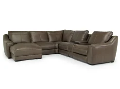 Mor Furniture Mayflower 6 Piece 2 Power Chaise Sectional W/ 2 Power Armless Recliner & Audio Console In Seville Umber Leather, Left Facing