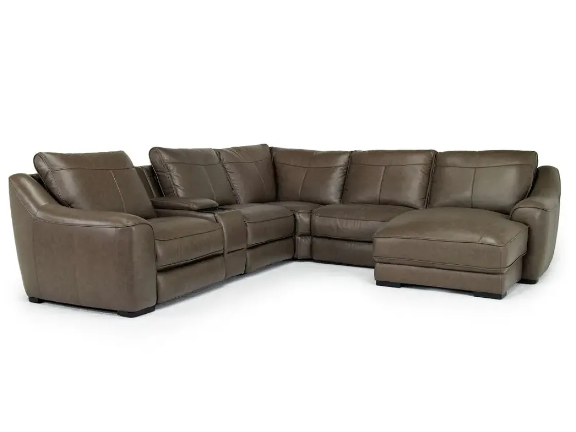 Mor Furniture Mayflower 6 Piece 2 Power Chaise Sectional W/ 2 Power Armless Recliner & Audio Console In Seville Umber Leather, Left Facing