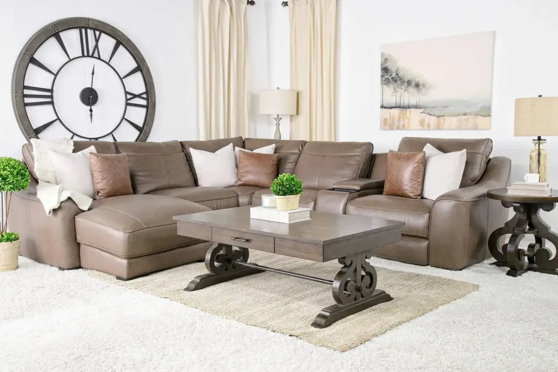 Mor Furniture Mayflower 6 Piece 2 Power Chaise Sectional W/ 2 Power Armless Recliner & Audio Console In Seville Umber Leather, Left Facing