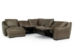 Mor Furniture Mayflower 6 Piece 2 Power Chaise Sectional W/ 2 Power Armless Recliner & Audio Console In Seville Umber Leather, Left Facing