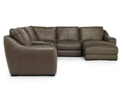 Mor Furniture Mayflower 6 Piece 2 Power Chaise Sectional W/ 2 Power Armless Recliner & Audio Console In Seville Umber Leather, Left Facing