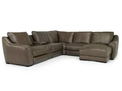 Mor Furniture Mayflower 6 Piece 2 Power Chaise Sectional W/ Audio Console In Seville Umber Leather, Left Facing