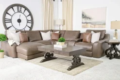 Mor Furniture Mayflower 6 Piece 2 Power Chaise Sectional W/ Audio Console In Seville Umber Leather, Left Facing