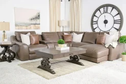 Mor Furniture Mayflower 6 Piece 2 Power Chaise Sectional W/ Audio Console In Seville Umber Leather, Left Facing
