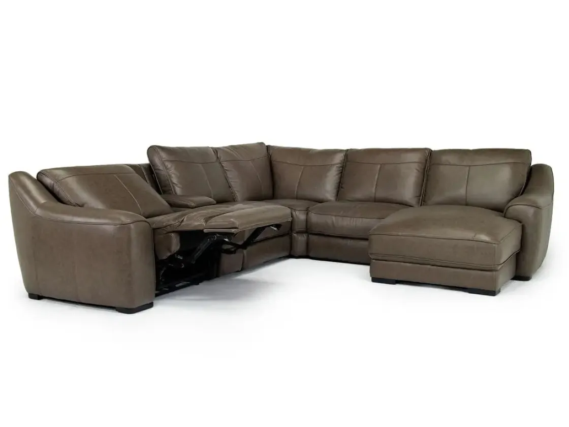 Mor Furniture Mayflower 6 Piece 2 Power Chaise Sectional W/ Audio Console In Seville Umber Leather, Left Facing