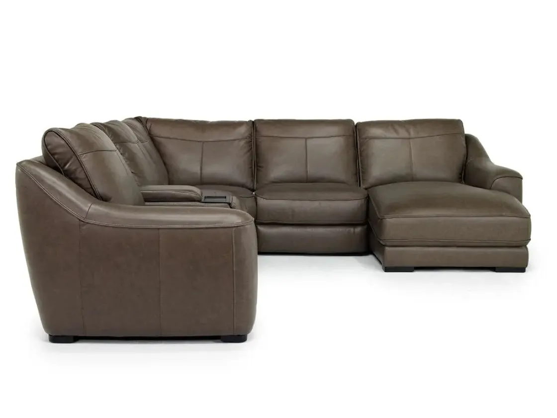 Mor Furniture Mayflower 6 Piece 2 Power Chaise Sectional W/ Audio Console In Seville Umber Leather, Left Facing