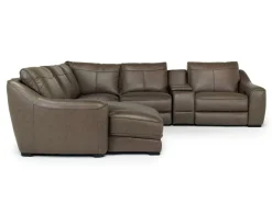 Mor Furniture Mayflower 6 Piece 2 Power Chaise Sectional W/ Audio Console In Seville Umber Leather, Left Facing