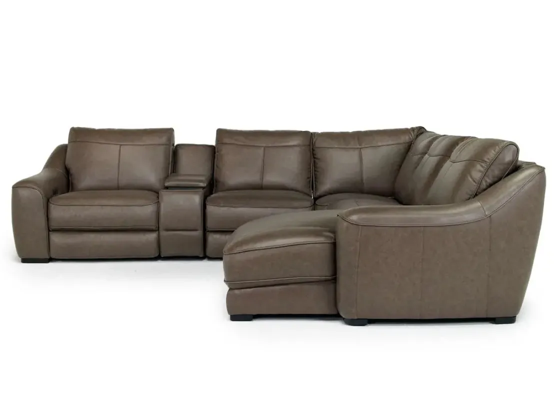 Mor Furniture Mayflower 6 Piece 2 Power Chaise Sectional W/ Audio Console In Seville Umber Leather, Left Facing