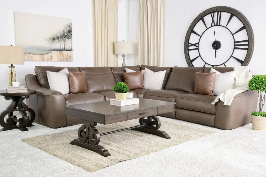 Mor Furniture Mayflower 5 Piece 2 Power Sectional In Seville Umber Leather