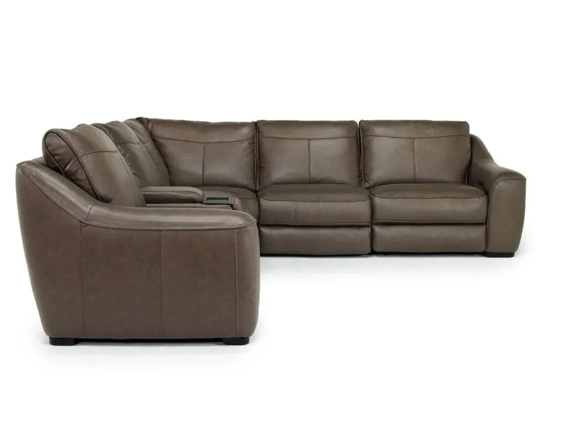 Mor Furniture Mayflower 6 Piece 2 Power Sectional W/ Audio Console In Seville Umber Leather