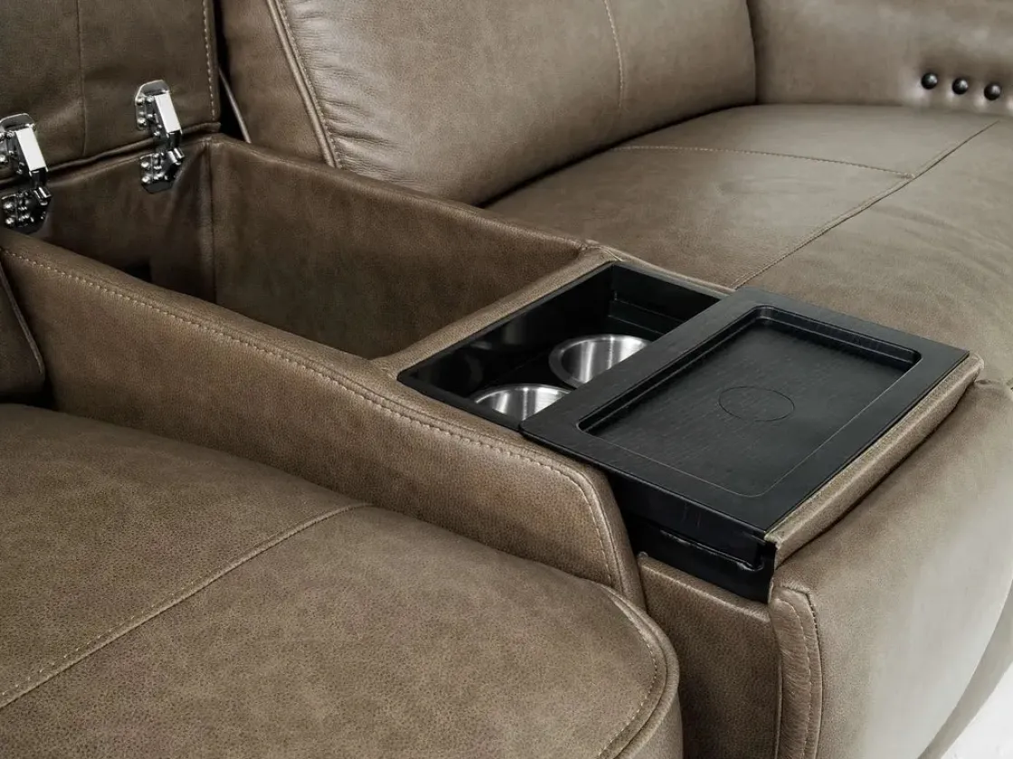 Mor Furniture Mayflower 6 Piece 2 Power Sectional W/ Audio Console In Seville Umber Leather
