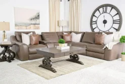 Mor Furniture Mayflower 6 Piece 2 Power Sectional W/ Audio Console In Seville Umber Leather
