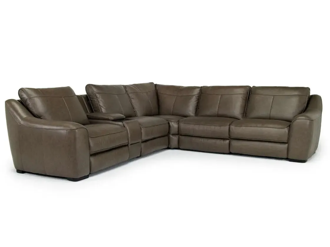 Mor Furniture Mayflower 6 Piece 2 Power Sectional W/ 2 Power Armless Recliner & Audio Console In Seville Umber Leather