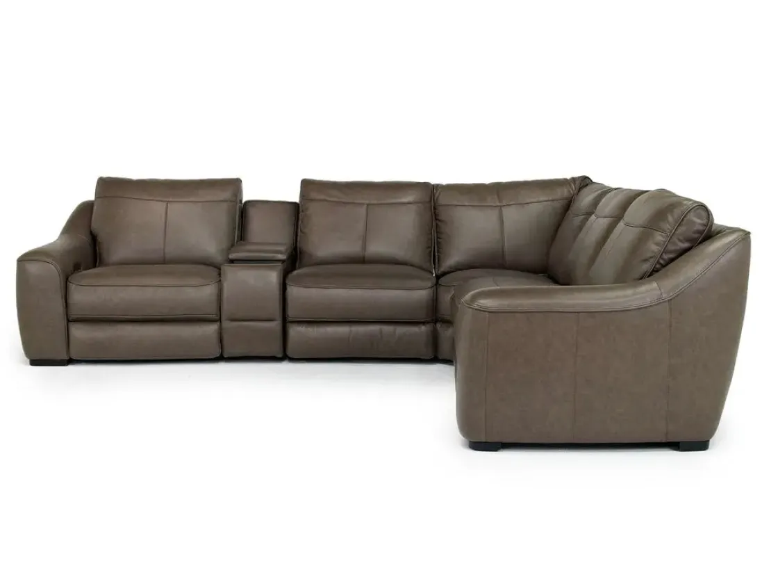 Mor Furniture Mayflower 6 Piece 2 Power Sectional W/ 2 Power Armless Recliner & Audio Console In Seville Umber Leather