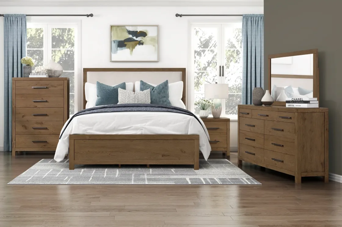 Mor Furniture Oaklyn Upholstered Panel Bed, Dresser, Mirror & Nightstand In Brown, Queen