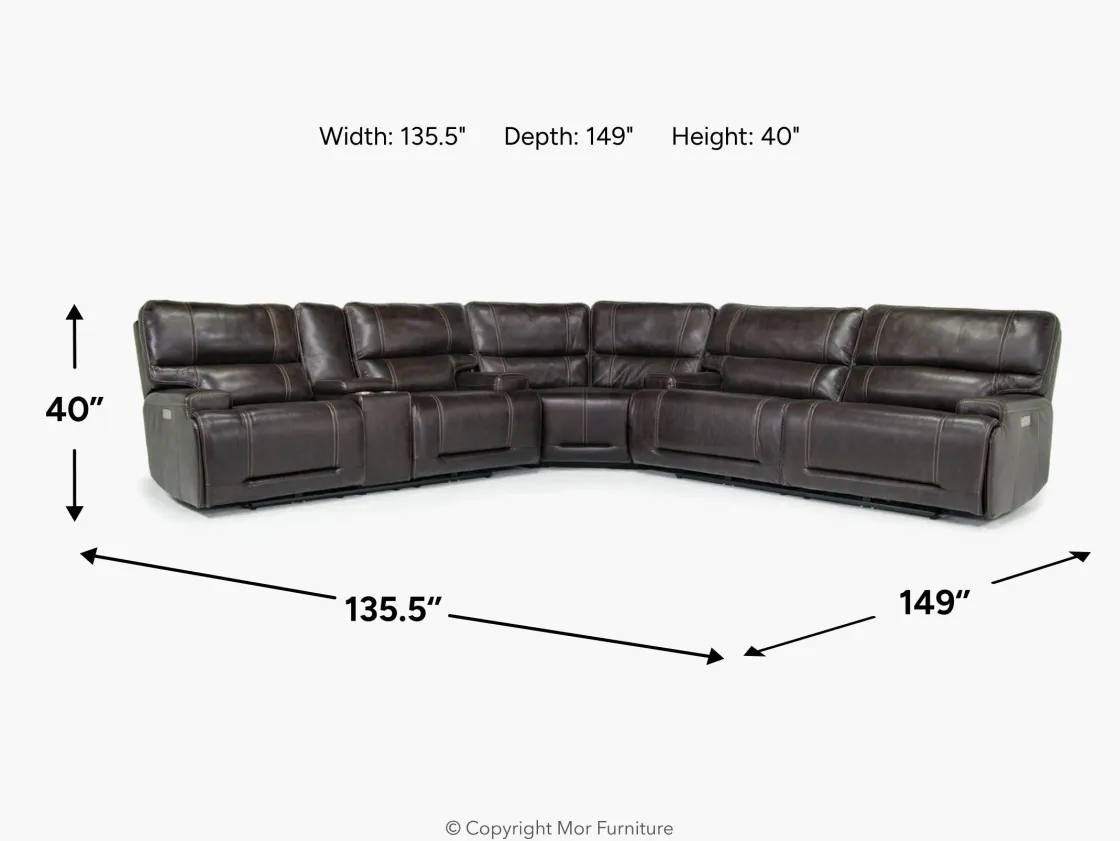 Mor Furniture Oslo 3 Piece 3 Power Sectional In Dark Brown Leather