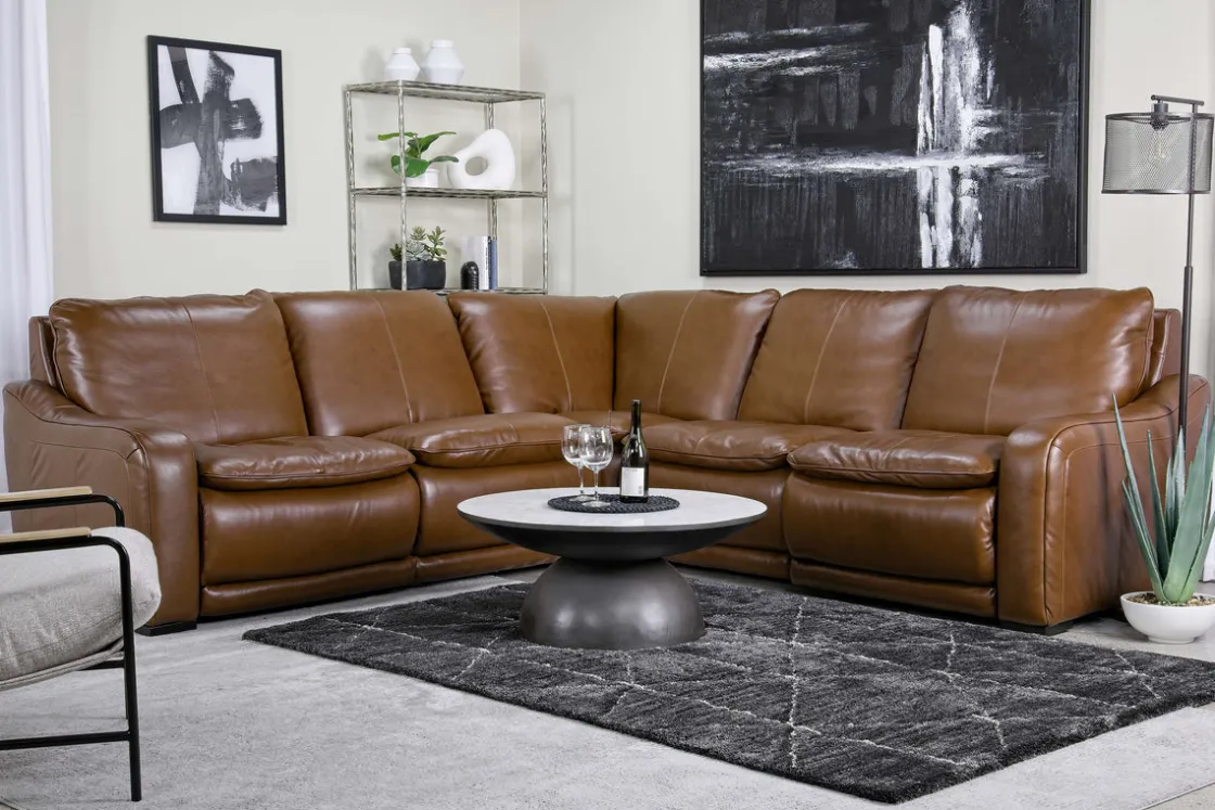 Mor Furniture Paradise 5 Piece 2 Power Sectional W/ 2 Power Armless Recliner In Chestnut Leather