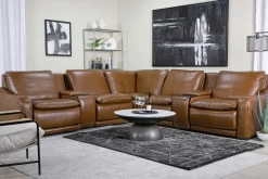 Mor Furniture Paradise 7 Piece 2 Power Sectional W/ 2 Power Armless Recliner In Chestnut Leather