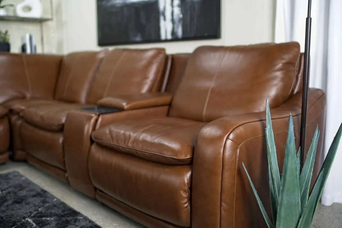 Mor Furniture Paradise 6 Piece 2 Power Sectional W/ 2 Power Armless Recliner In Chestnut Leather