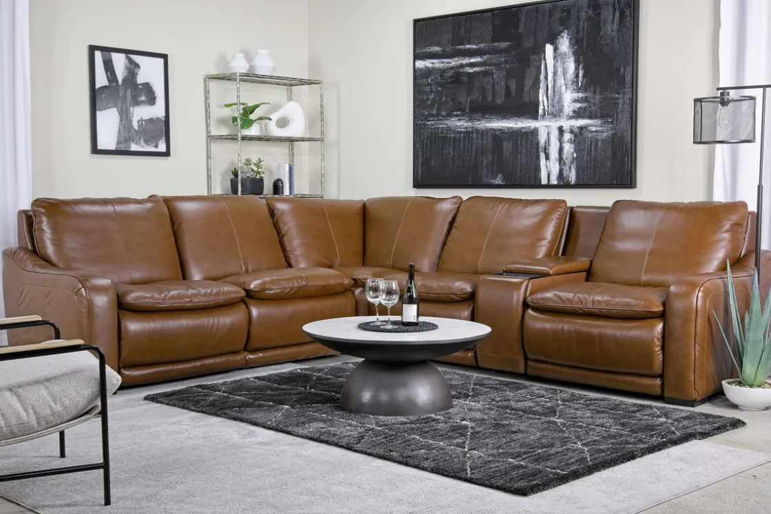 Mor Furniture Paradise 6 Piece 2 Power Sectional W/ 2 Power Armless Recliner In Chestnut Leather