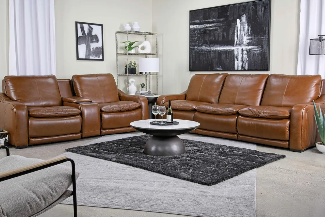 Mor Furniture Paradise 2 Power Console Loveseat In Chestnut Leather