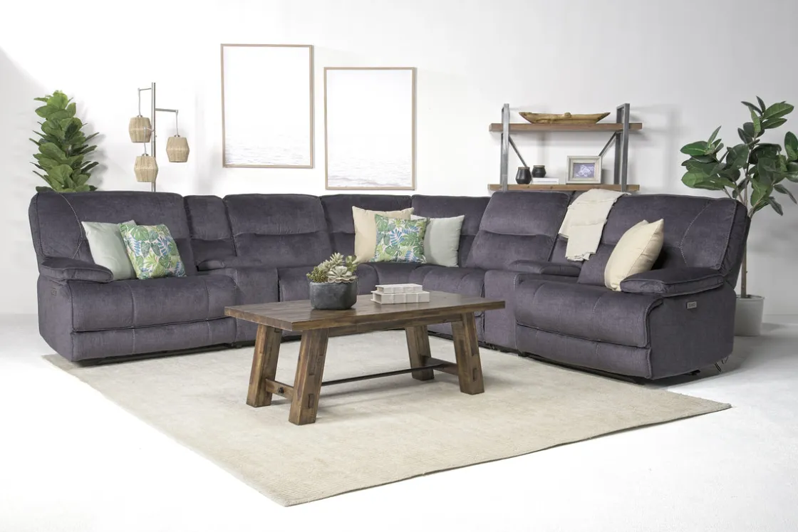 Mor Furniture Retreat 7 Piece Power Sectional W/ Power Armless Recliner In Charcoal