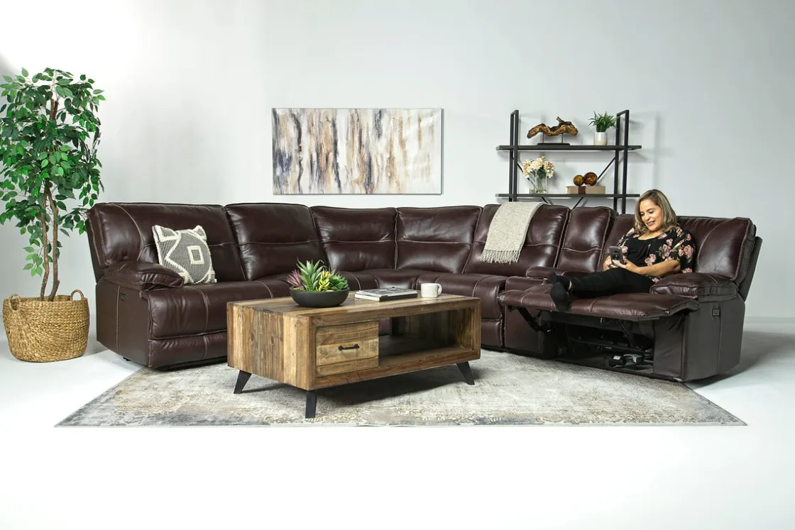 Mor Furniture Retreat 6 Piece Power Sectional W/ Power Armless Recliner In Cognac Leather
