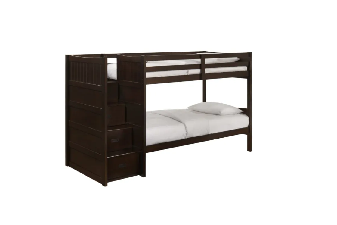 Kids Mor Furniture Sami Bunk Bed W/ Storage Steps In Espresso, Twin/Twin, Right Facing
