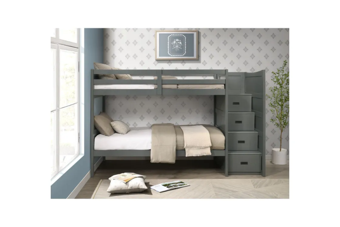 Kids Mor Furniture Sami Bunk Bed W/ Storage Steps In Espresso, Twin/Twin, Right Facing