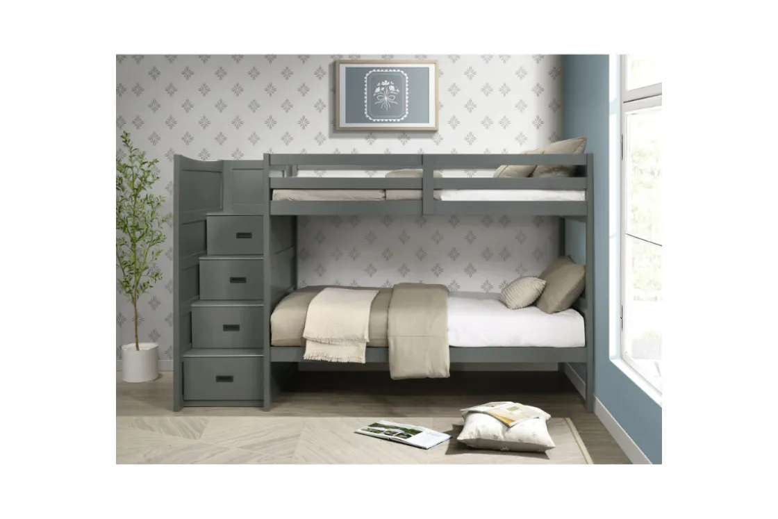 Kids Mor Furniture Sami Bunk Bed W/ Storage Steps In Espresso, Twin/Twin, Right Facing