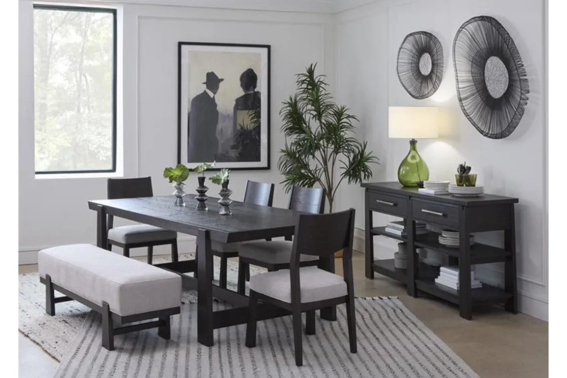 Mor Furniture Shelby Trestle Dining Table, 4 Wood Back Chairs & Bench In Coffee Bean