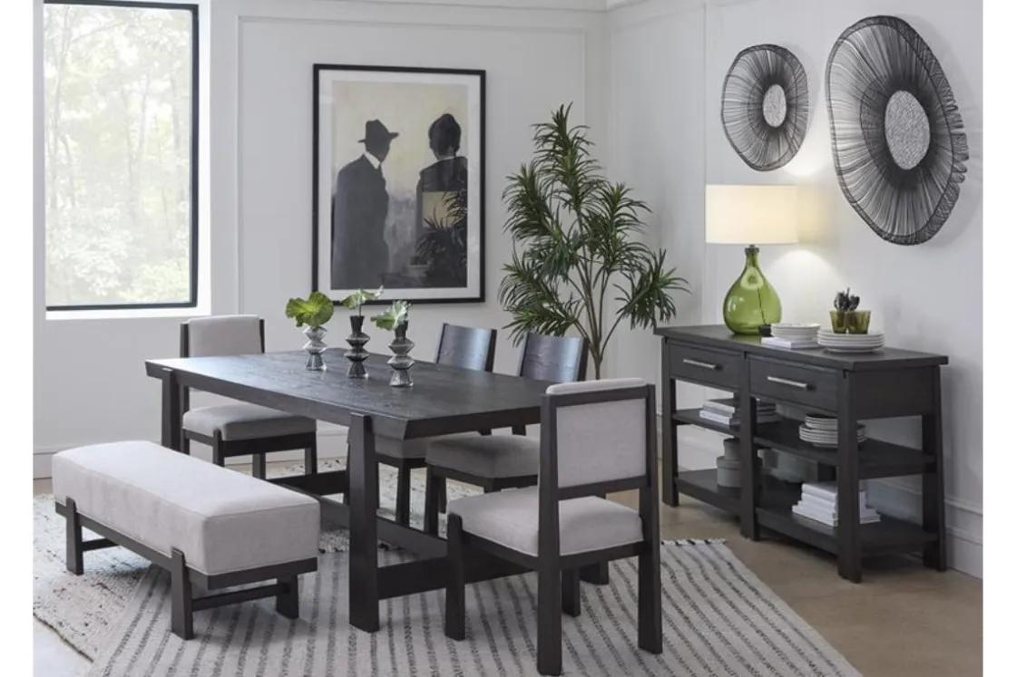 Mor Furniture Shelby Trestle Dining Table, 4 Wood Back Chairs & Bench In Coffee Bean