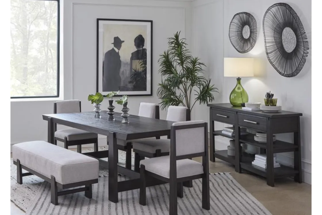 Mor Furniture Shelby Trestle Dining Table, 4 Wood Back Chairs & Bench In Coffee Bean