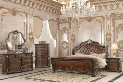 Mor Furniture Stellata Sleigh Bed, Dresser, Mirror & Nightstand In Mahogany Brown, Queen