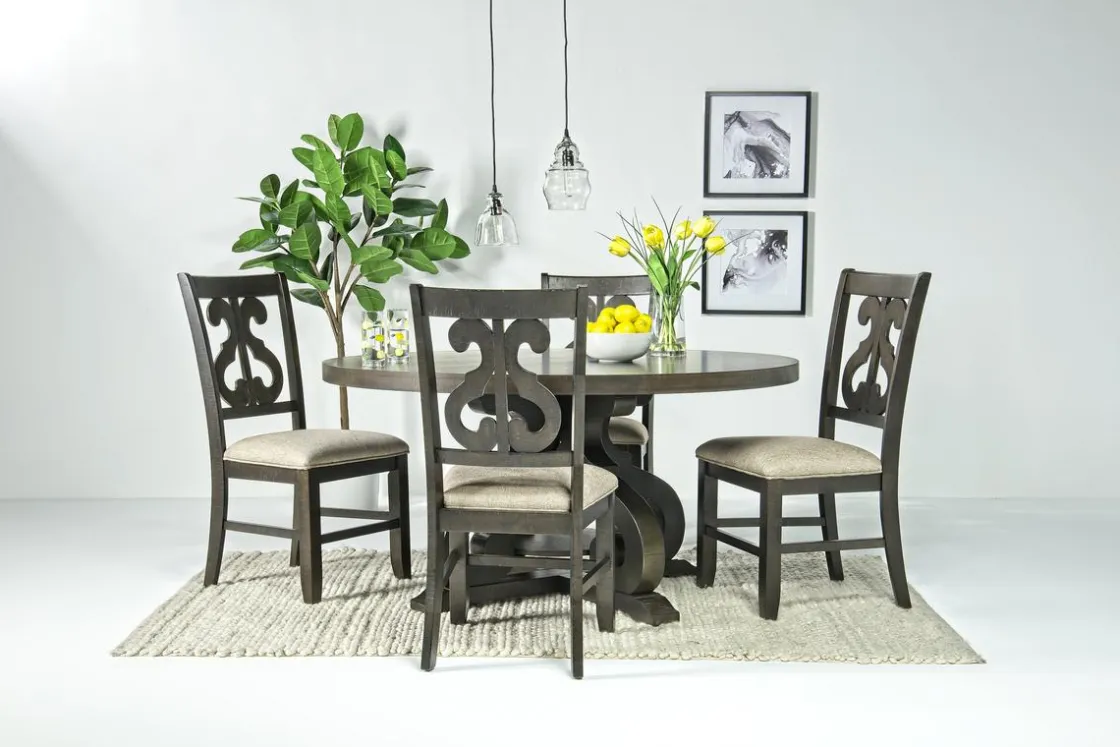 Mor Furniture Stone Round Dining Table & 4 Chairs In , Upholstered Slat