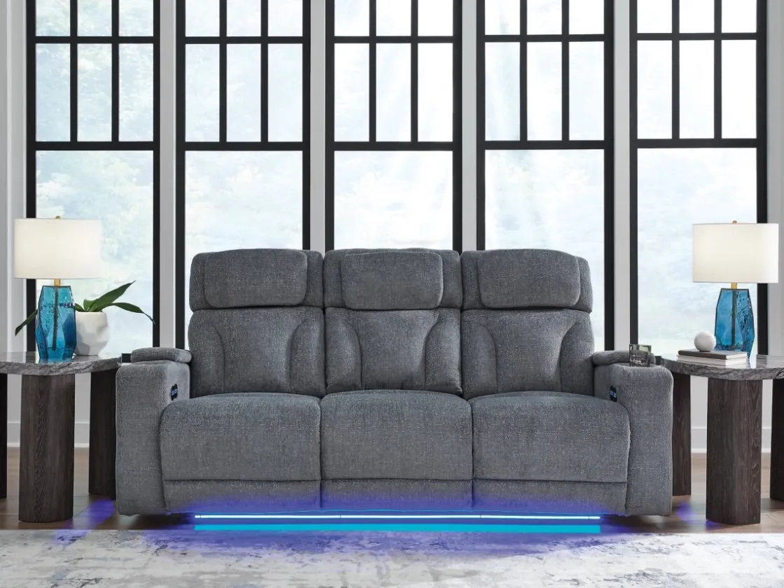 Mor Furniture Studio Cave 2 Power Sofa W/ Drop Down Table In Steel