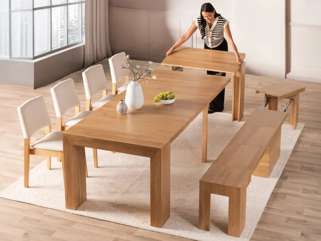 Mor Furniture Transformer Extendable Dining Table, 4 Chairs & Bench In Scandinavian Oak