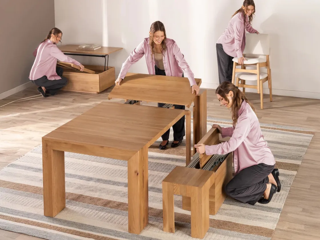 Mor Furniture Transformer Extendable Dining Table, 4 Chairs & Bench In Scandinavian Oak