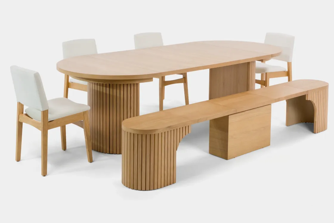 Mor Furniture Transformer Round Extendable Dining Table, 4 Chairs & Bench In Scandinavian Oak