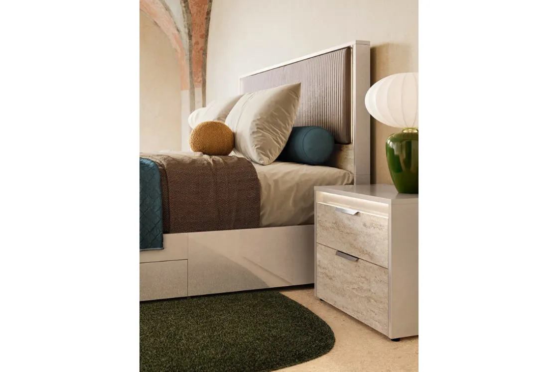 Mor Furniture Tullia Upholstered Panel Bed W/ Storage In Pearl Line/Eco Stone, Queen