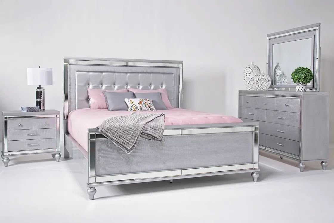 Mor Furniture Valentino Panel Bed, Dresser, Mirror & Nightstand In Silver, Twin