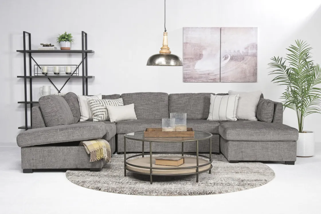 Mor Furniture Vivian Full Pullout Dual Chaise Sectional In Gray Fabric, Right Facing