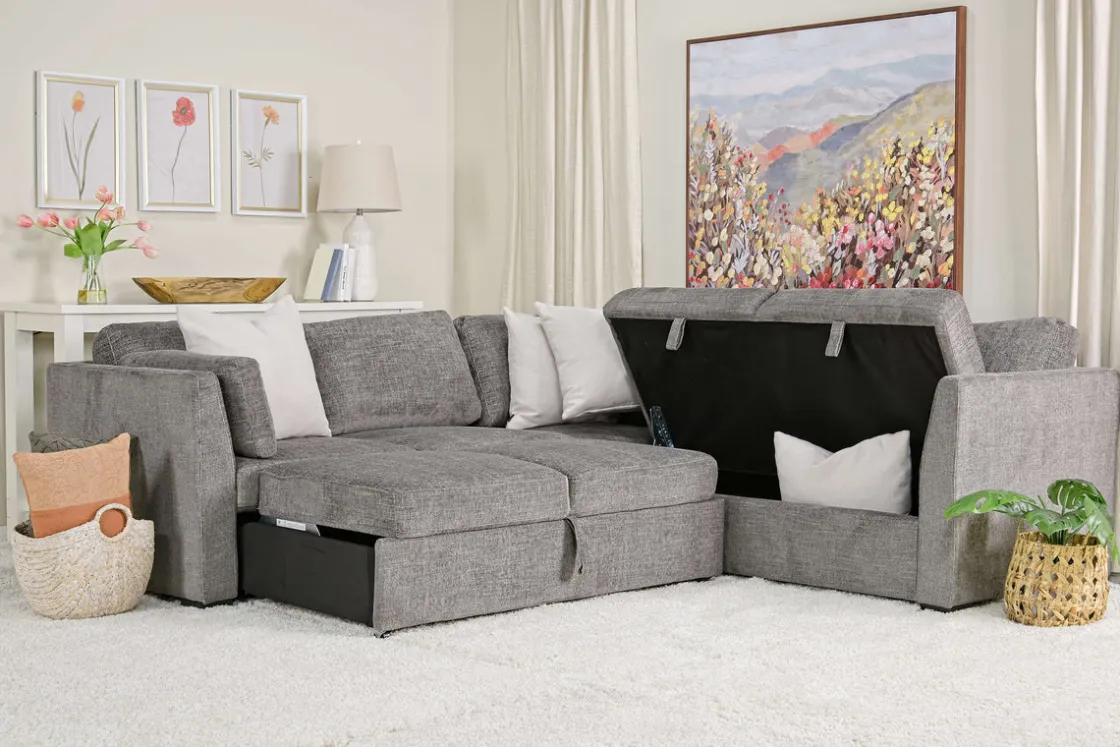 Mor Furniture Vivian Full Tux Sleeper Sectional In Gray Fabric, Left Facing