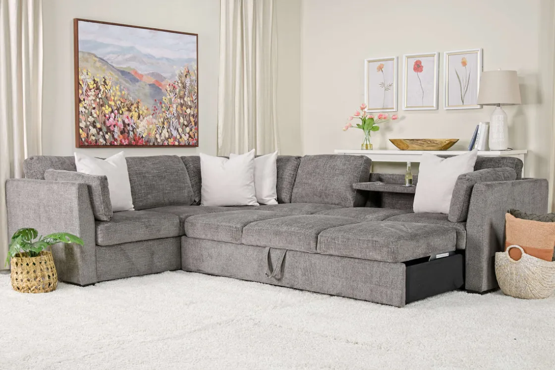 Mor Furniture Vivian Full Tux Sleeper Sectional In Gray Fabric, Left Facing