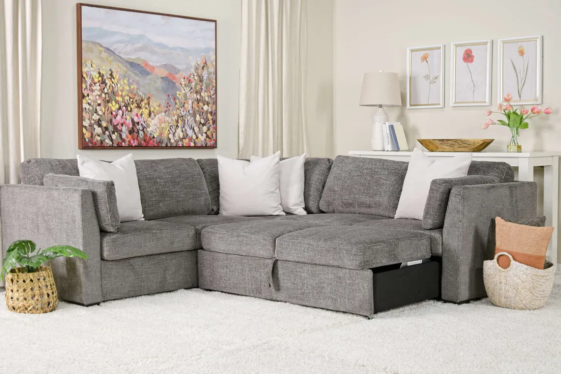 Mor Furniture Vivian Full Tux Sleeper Sectional In Gray Fabric, Left Facing