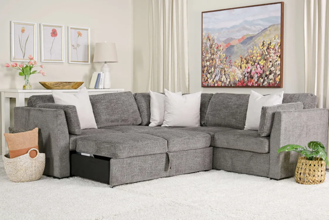 Mor Furniture Vivian Full Tux Sleeper Sectional In Gray Fabric, Left Facing