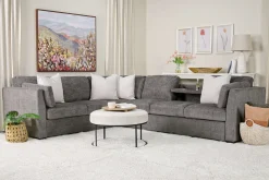 Mor Furniture Vivian Queen Tux Sleeper Sectional W/ Drop Down Table In Handwoven Pewter, Right Facing